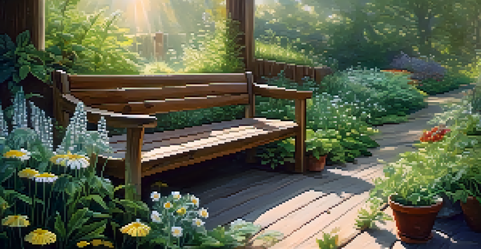 A peaceful herbal garden filled with peppermint, chamomile, and ginger plants, illuminated by soft morning light.