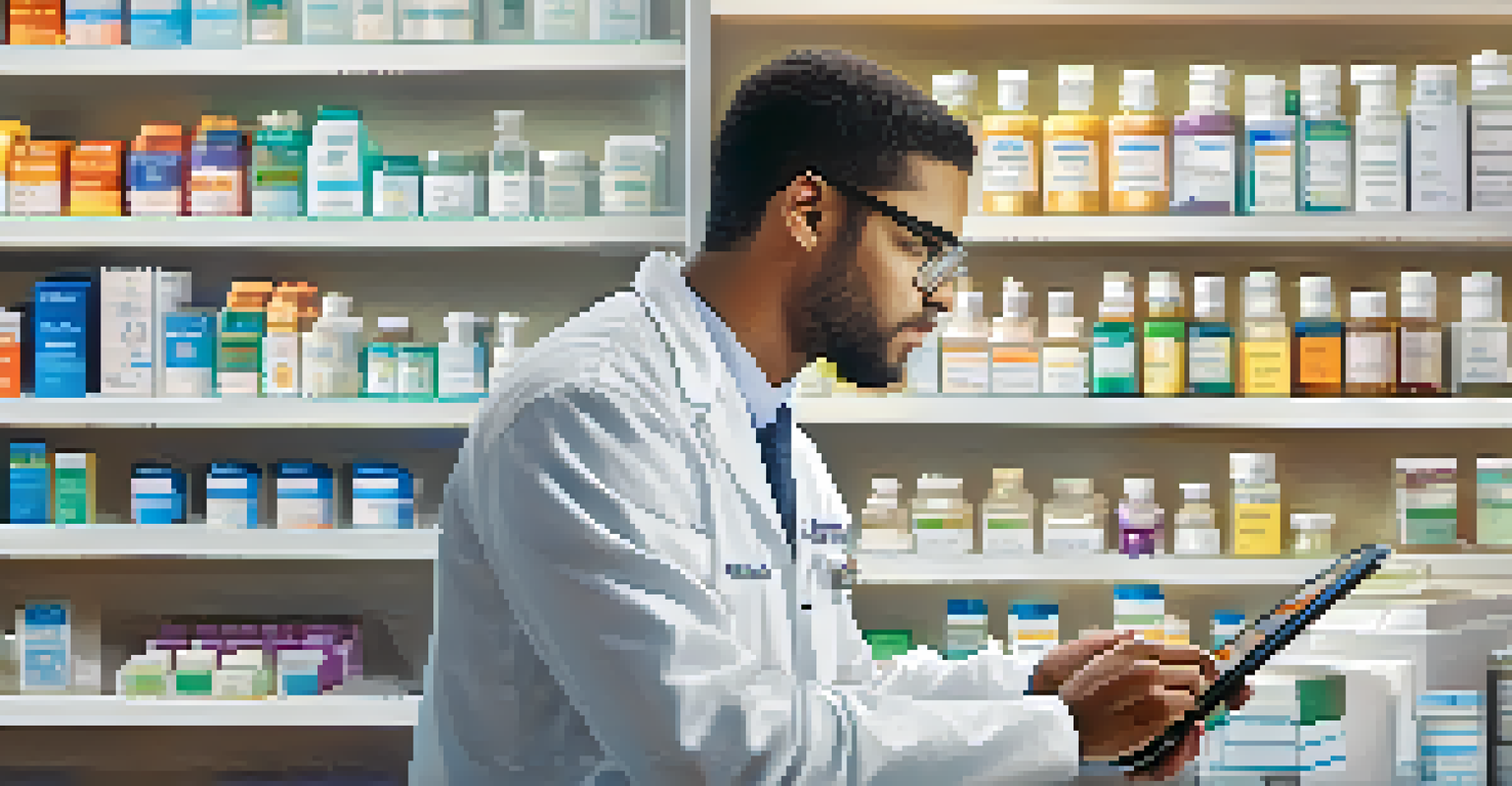 A pharmacist conducting a remote consultation using a tablet in a modern pharmacy.