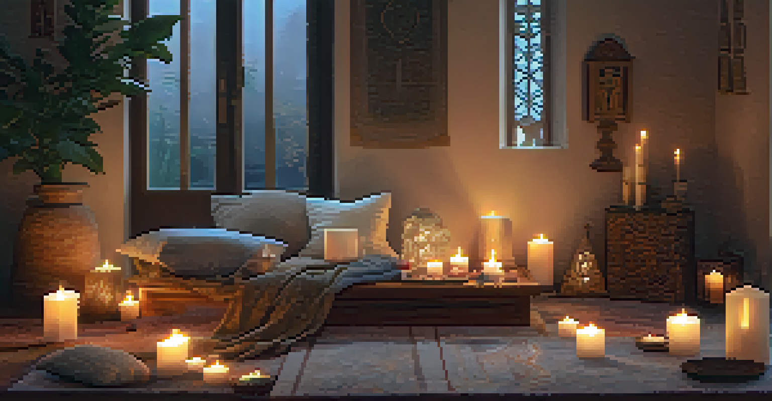 A tranquil meditation corner with a person meditating, soft cushions, candles, and a warm ambiance.
