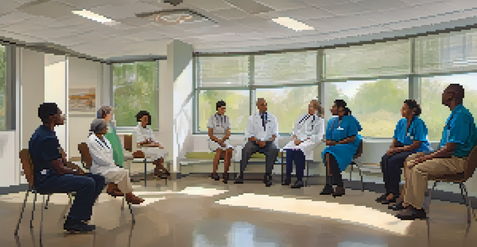 A healthcare provider conversing with a diverse group of patients in a bright clinic, showcasing inclusivity and effective communication.