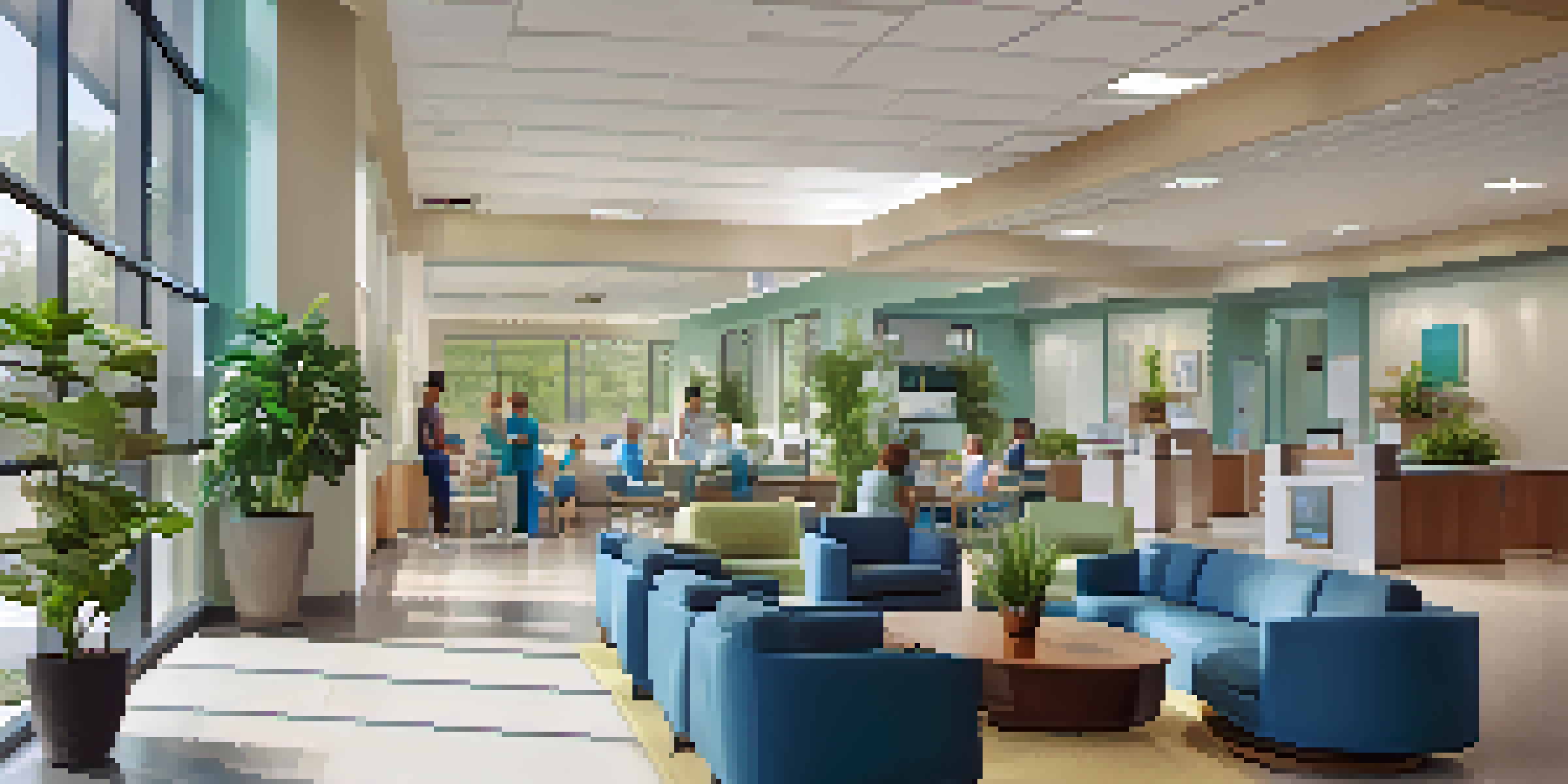 A bright and welcoming reception area in a modern healthcare facility with diverse patients and friendly staff.