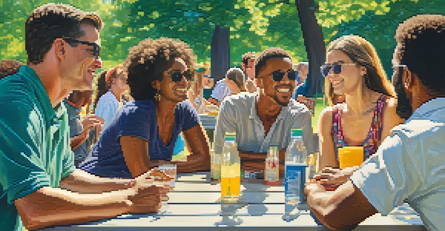 A diverse group of people discussing around a picnic table in a sunny park, surrounded by greenery and flowers.