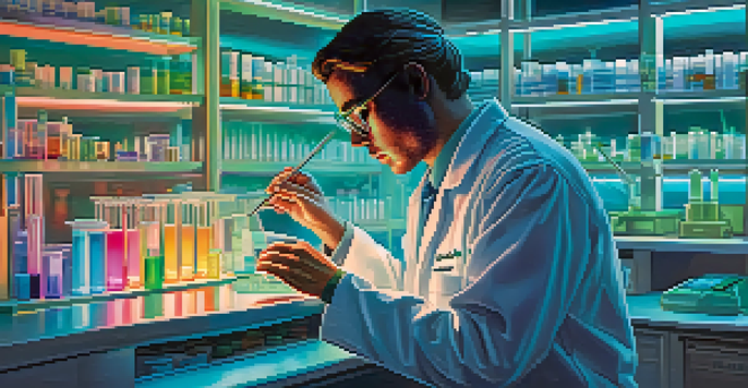 A pharmacist examining a DNA sample in a modern laboratory, with colorful test tubes and advanced technology around them.