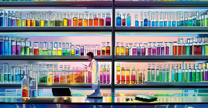 A researcher in a laboratory analyzing DNA sequences on a computer, surrounded by colorful vials and test tubes.