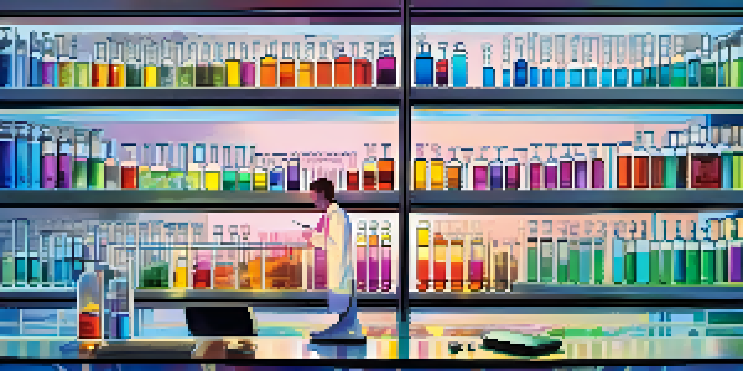 A researcher in a laboratory analyzing DNA sequences on a computer, surrounded by colorful vials and test tubes.