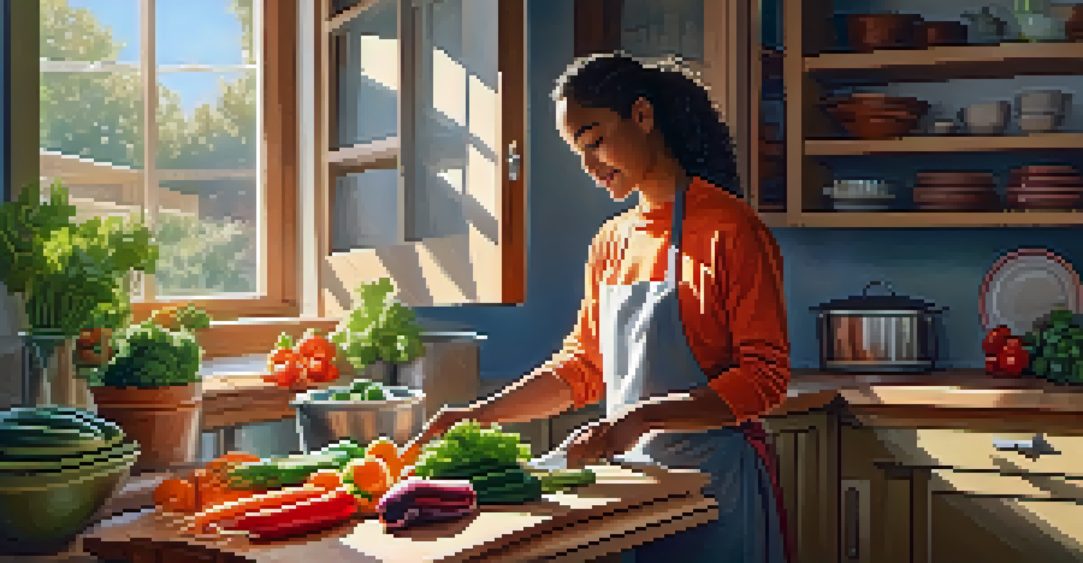 A person chopping vegetables in a bright kitchen, with sunlight illuminating fresh produce and a calming atmosphere.