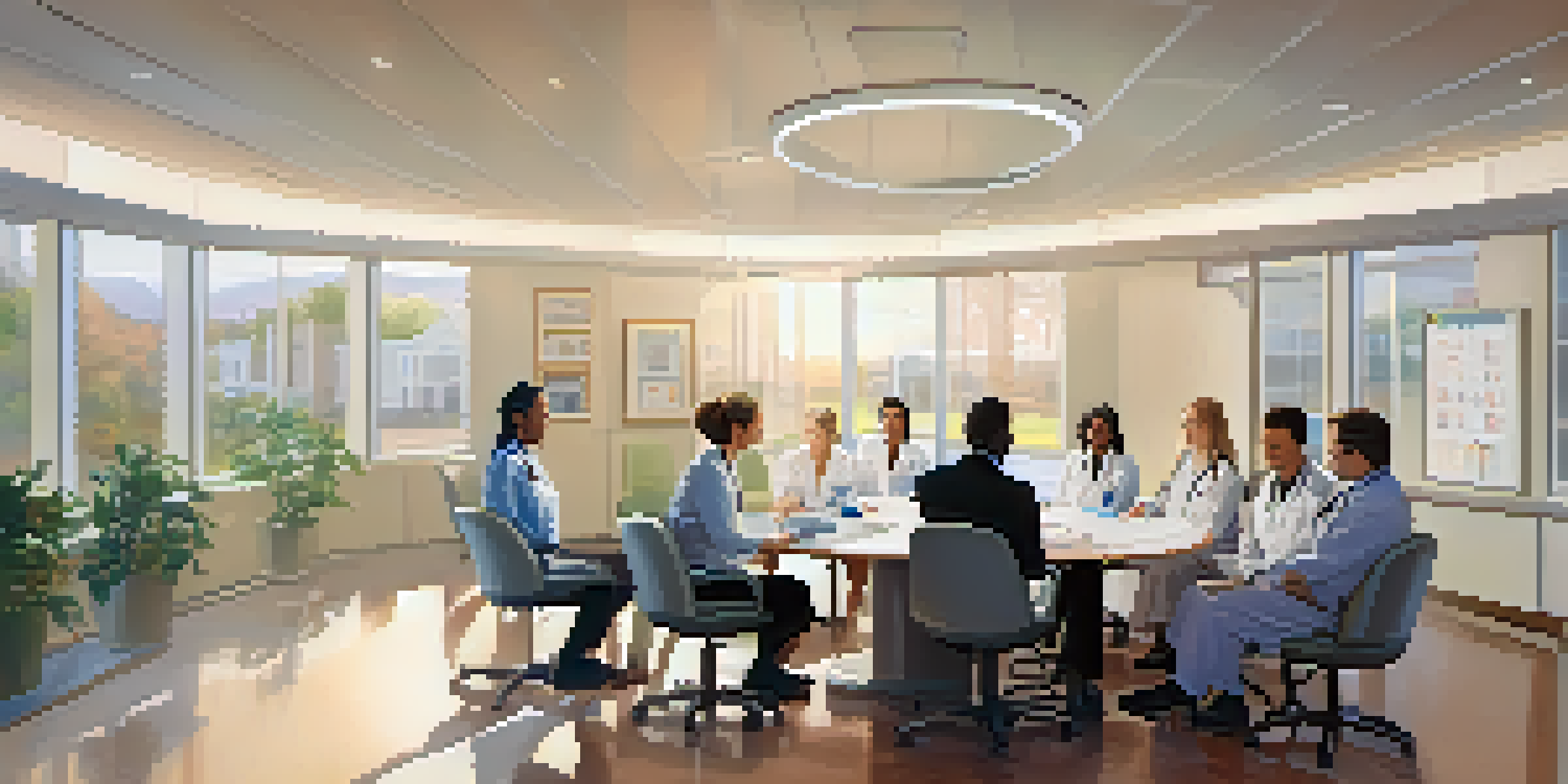 A diverse team of healthcare professionals collaborating in a medical office, discussing patient care with charts and a laptop present.