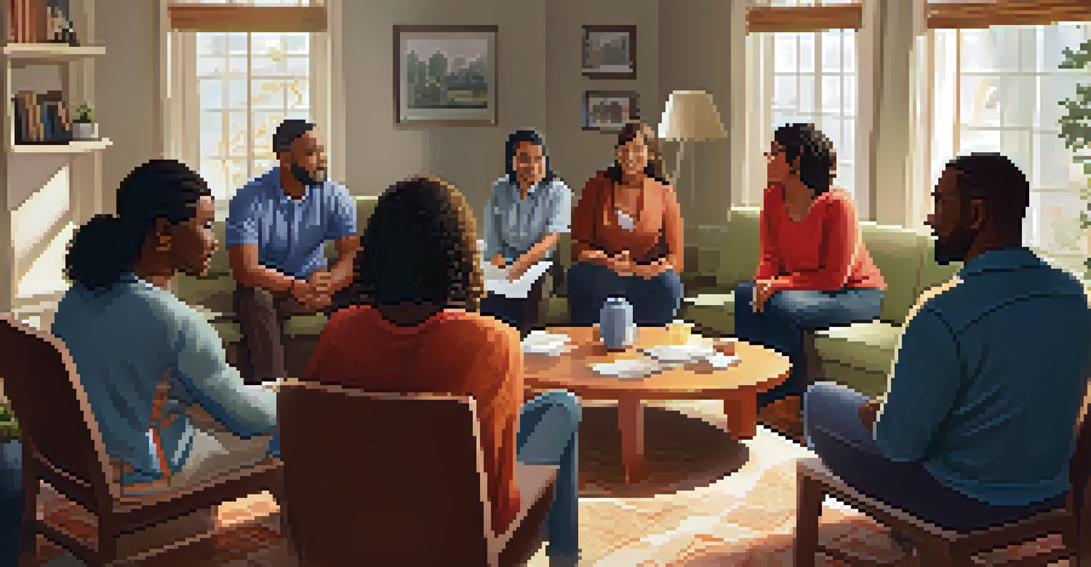 A support group meeting with diverse individuals in a cozy room, sharing experiences in a warm and inviting atmosphere.