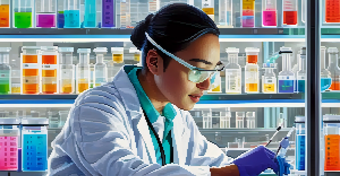 A scientist in protective gear working with advanced mRNA sequencing equipment in a bright laboratory.