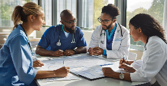 A diverse group of patients and healthcare professionals discussing medical charts and technology, emphasizing collaboration in healthcare.