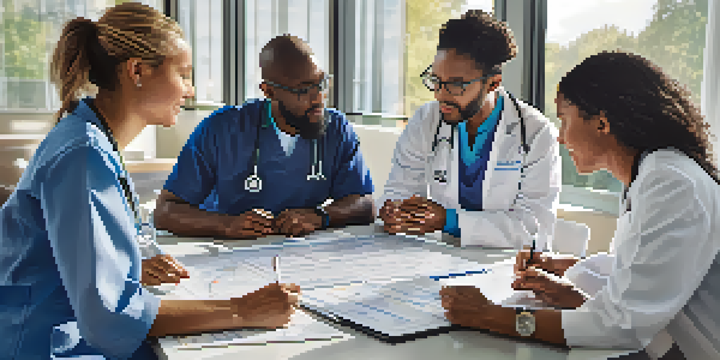 A diverse group of patients and healthcare professionals discussing medical charts and technology, emphasizing collaboration in healthcare.
