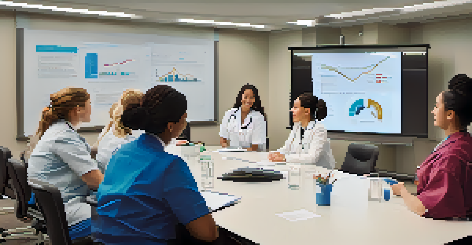 A diverse group of nurses discussing research findings around a conference table with presentation materials in the background.