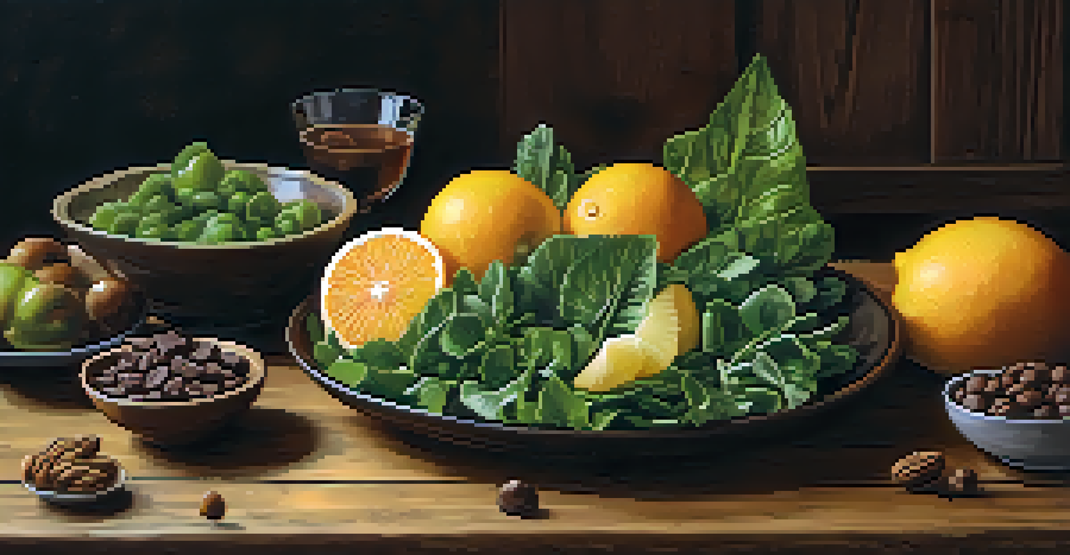 A plate filled with leafy greens, citrus fruits, walnuts, and dark chocolate, arranged on a rustic wooden surface.