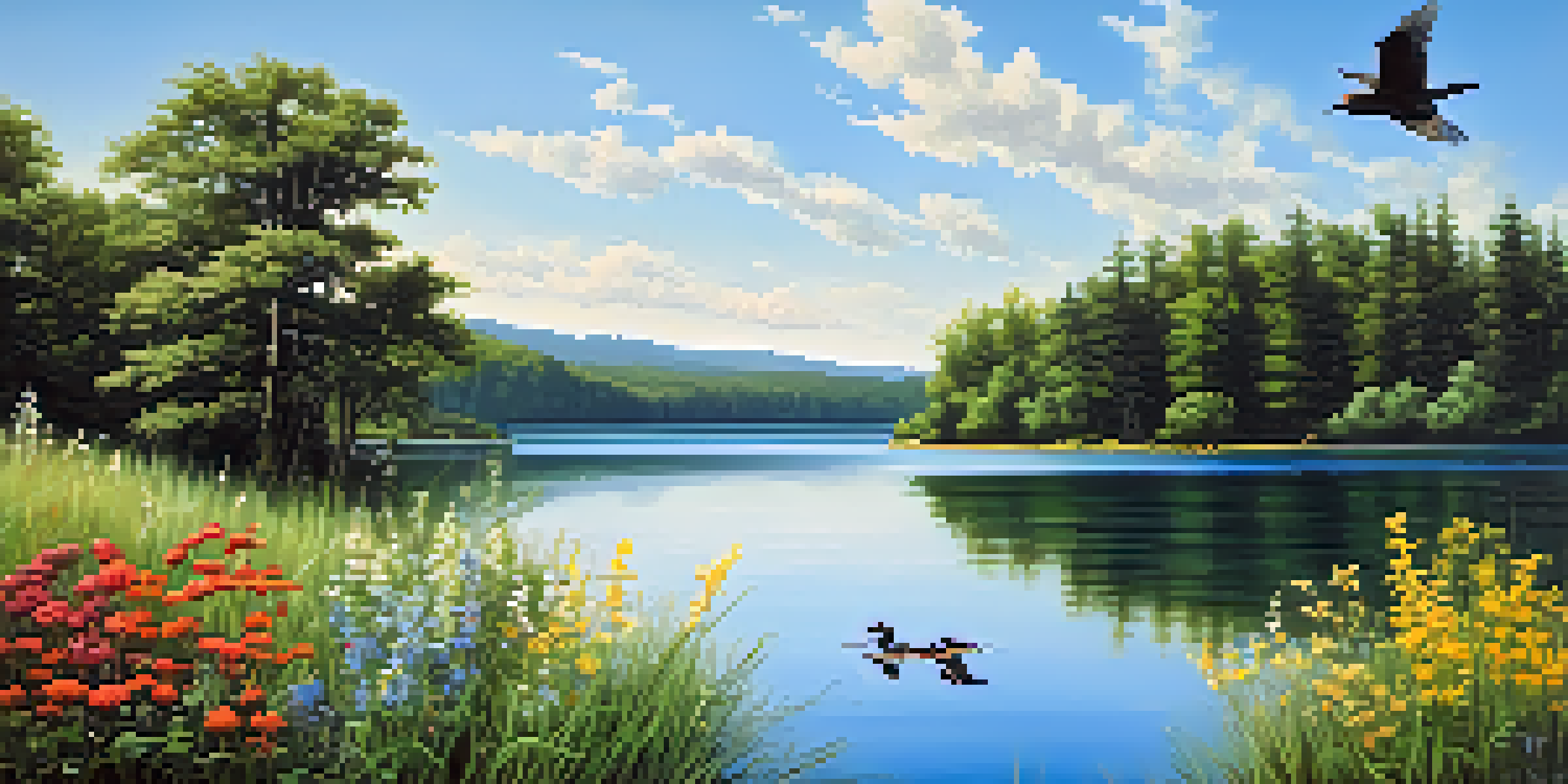 A calm lake reflecting trees and flowers under a blue sky, with birds flying above.