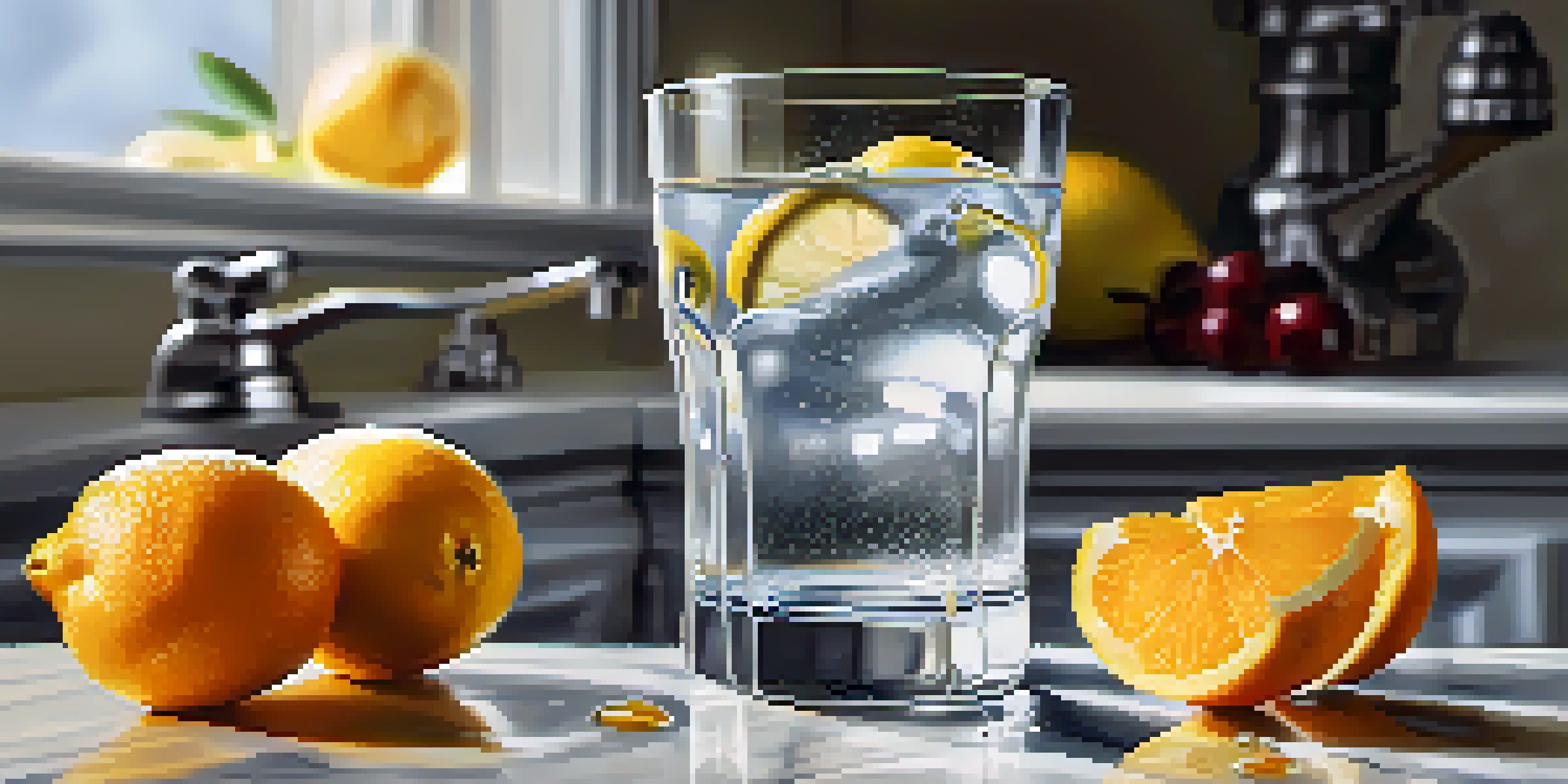 A glass of water with fruit in the background, highlighting the importance of hydration in a bright and fresh setting.
