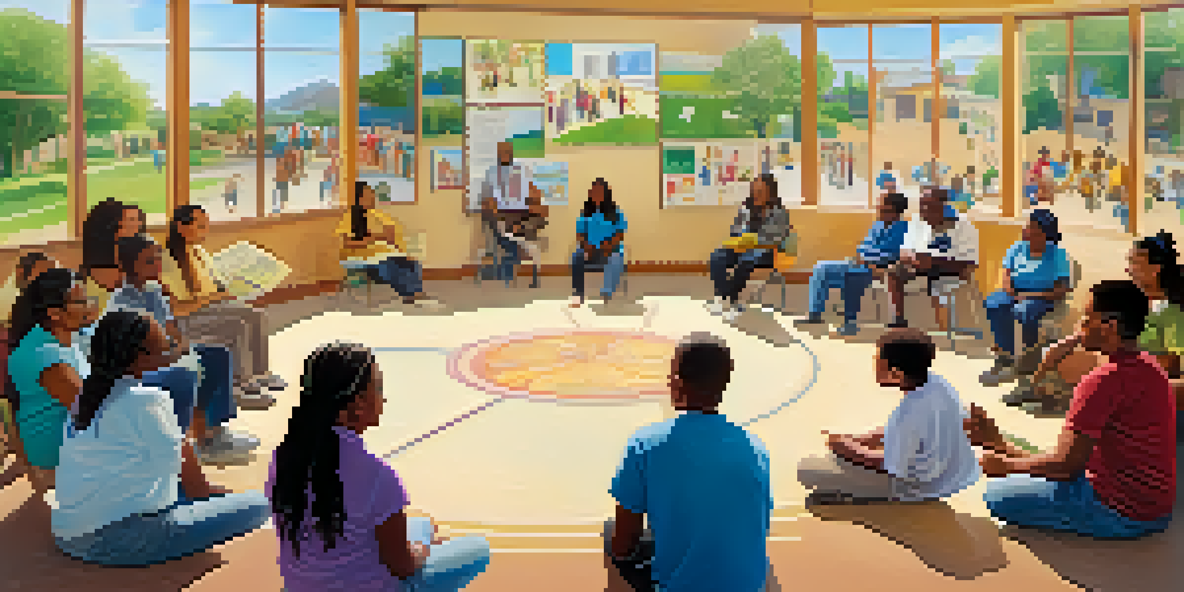 A diverse group of people participating in a health education workshop in a bright community center, led by a local health worker.
