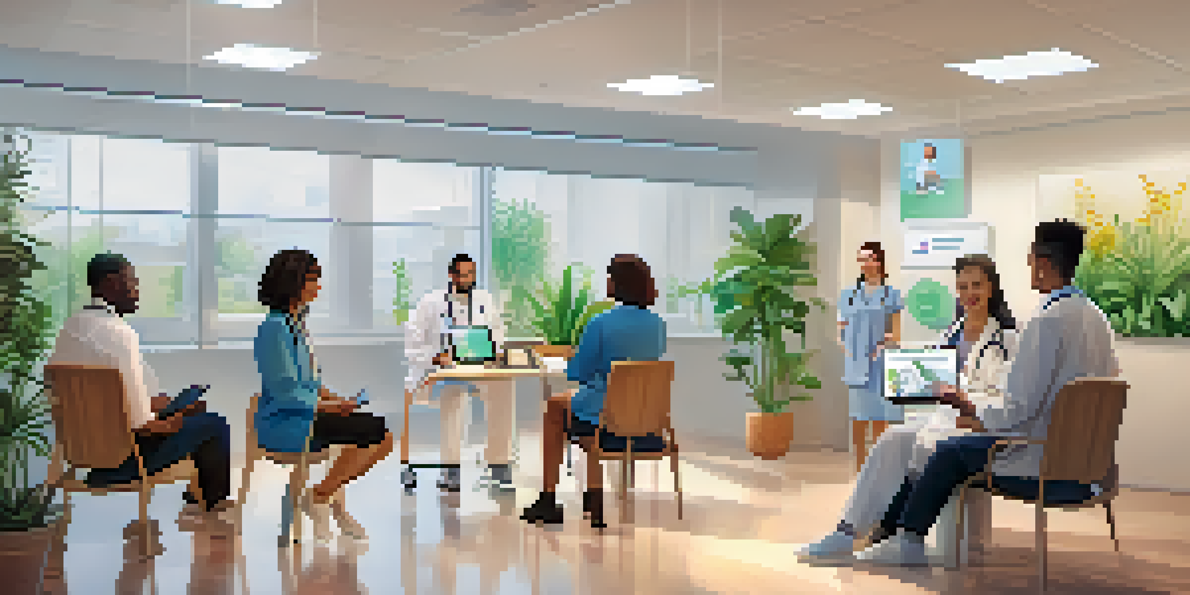 A diverse group of patients interacting with a friendly chatbot interface on a tablet in a bright healthcare setting.