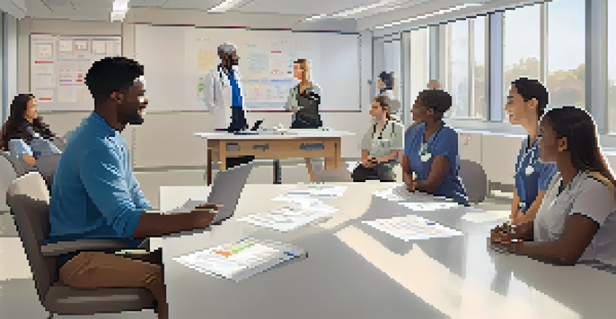 A diverse group of volunteers in a clinical trial room discussing with a researcher, surrounded by medical charts and natural light.