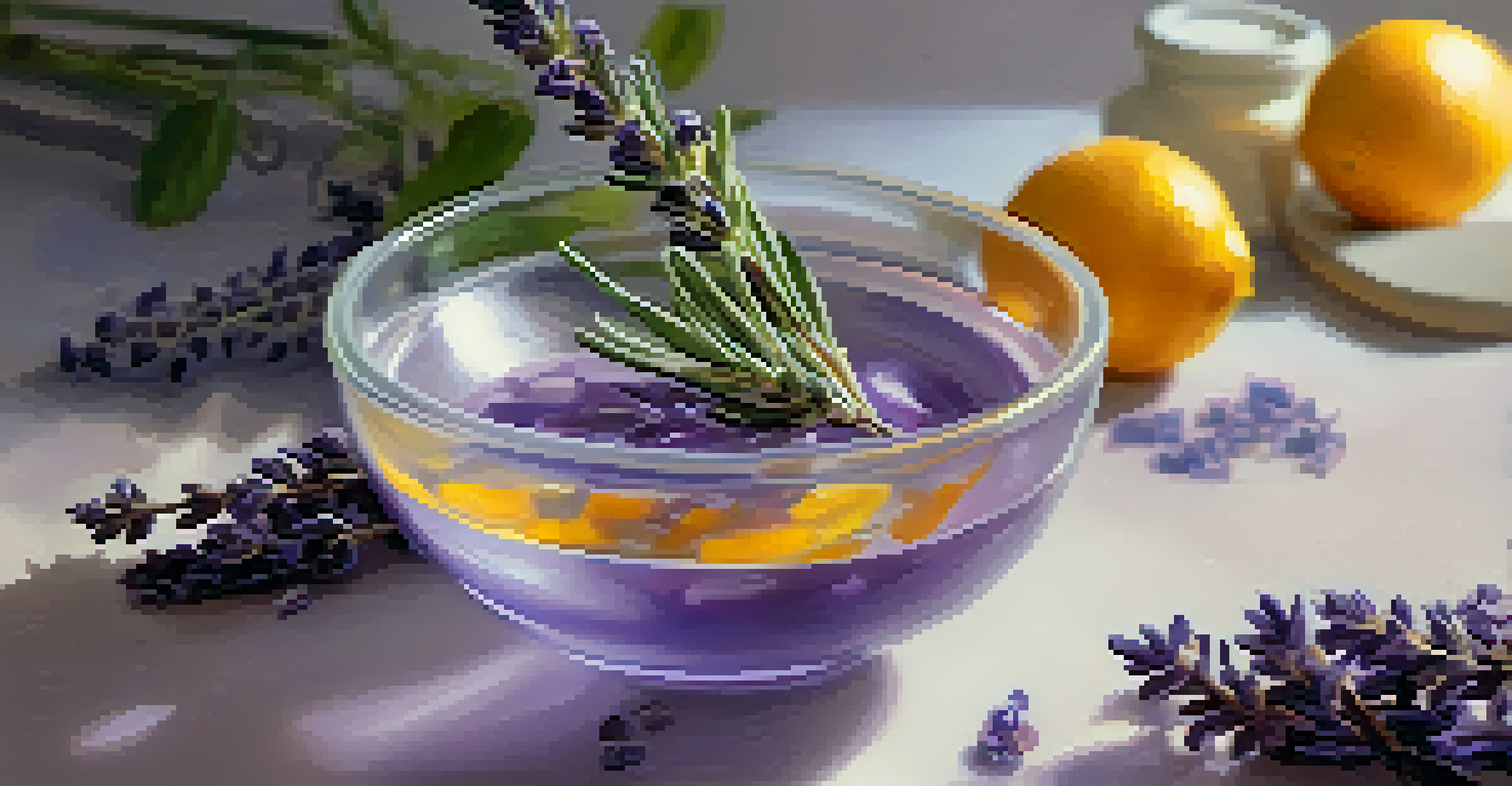 A close-up of a hand mixing essential oils with lavender and bergamot, surrounded by lavender sprigs and citrus peels.