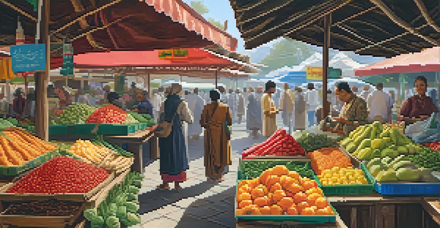 A bustling market filled with colorful traditional foods from various cultures, with people interacting and sharing culinary traditions.