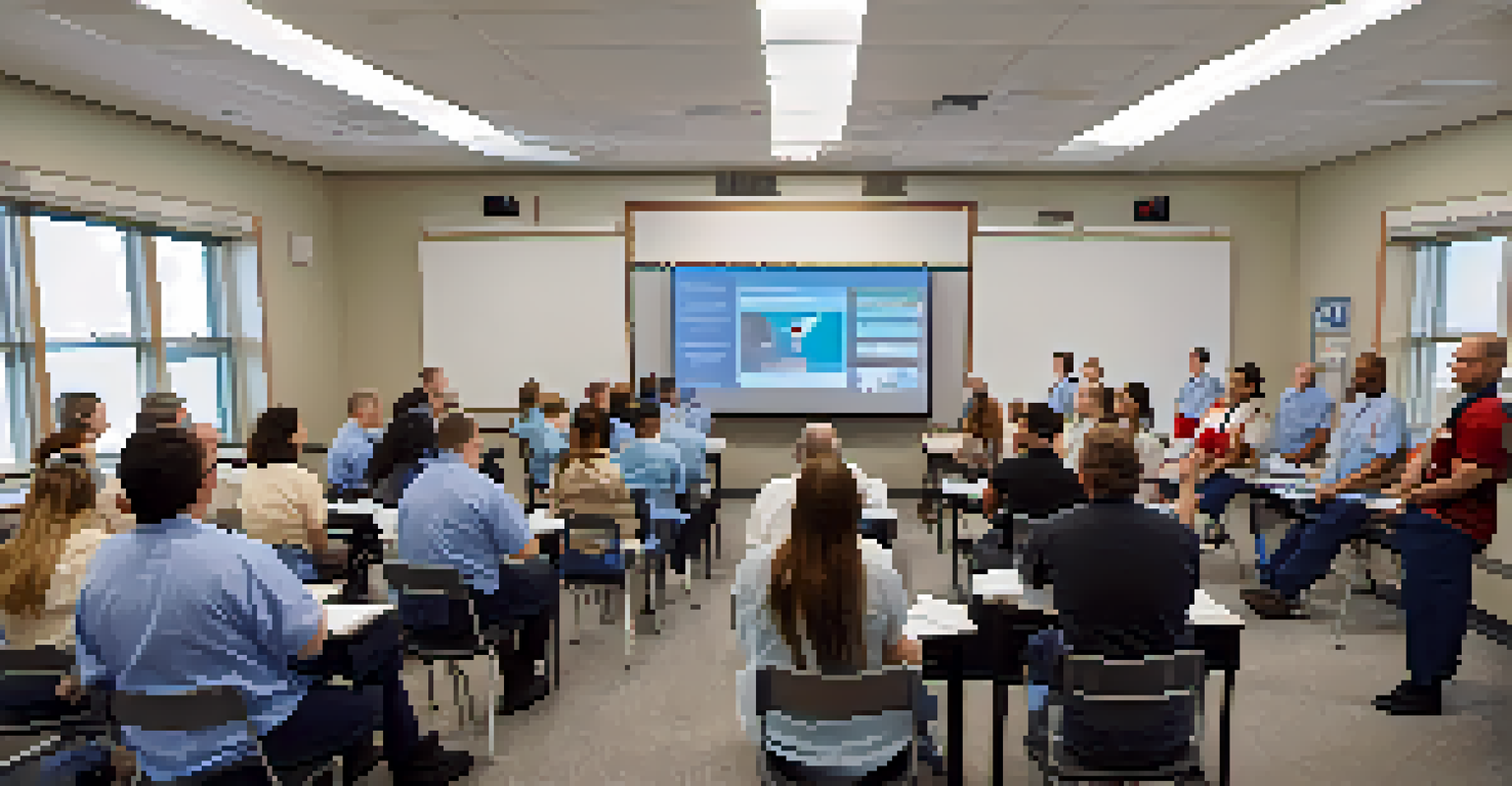 Participants in a classroom setting engaging in emergency preparedness training with medical mannequins and instructional posters.