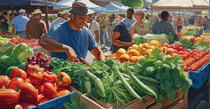 A busy farmer's market with colorful fruits and vegetables, people interacting with vendors under warm sunlight.