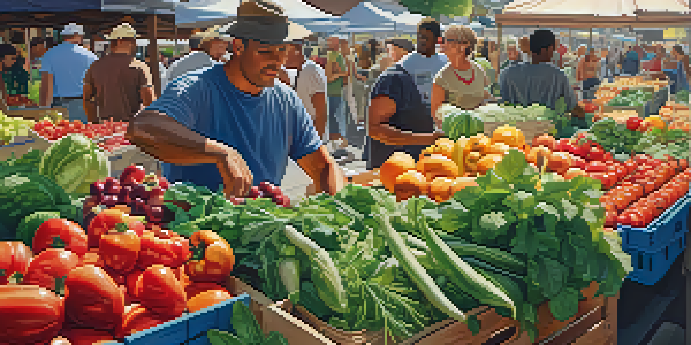 A busy farmer's market with colorful fruits and vegetables, people interacting with vendors under warm sunlight.