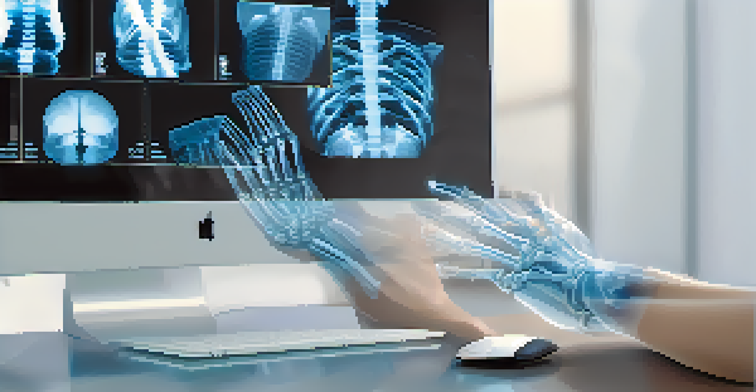 A close-up of a digital X-ray image of a human hand displayed on a computer monitor.