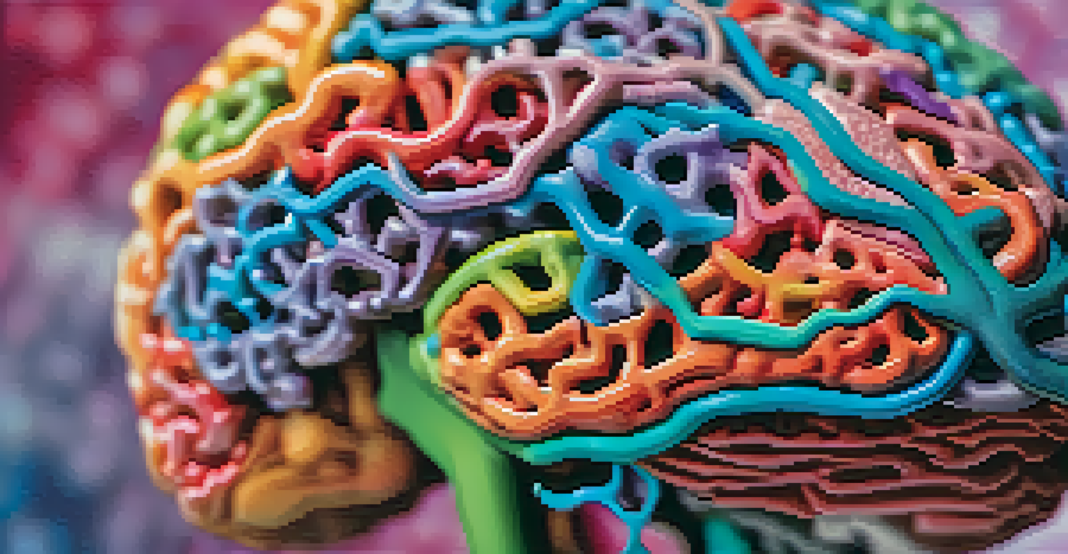 A colorful close-up view of a human brain model with highlighted regions.