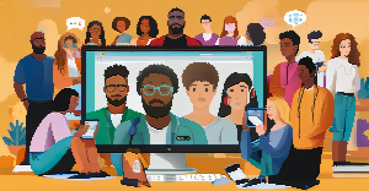A diverse group of people using digital devices to connect with mental health professionals, representing accessibility in telepsychology.