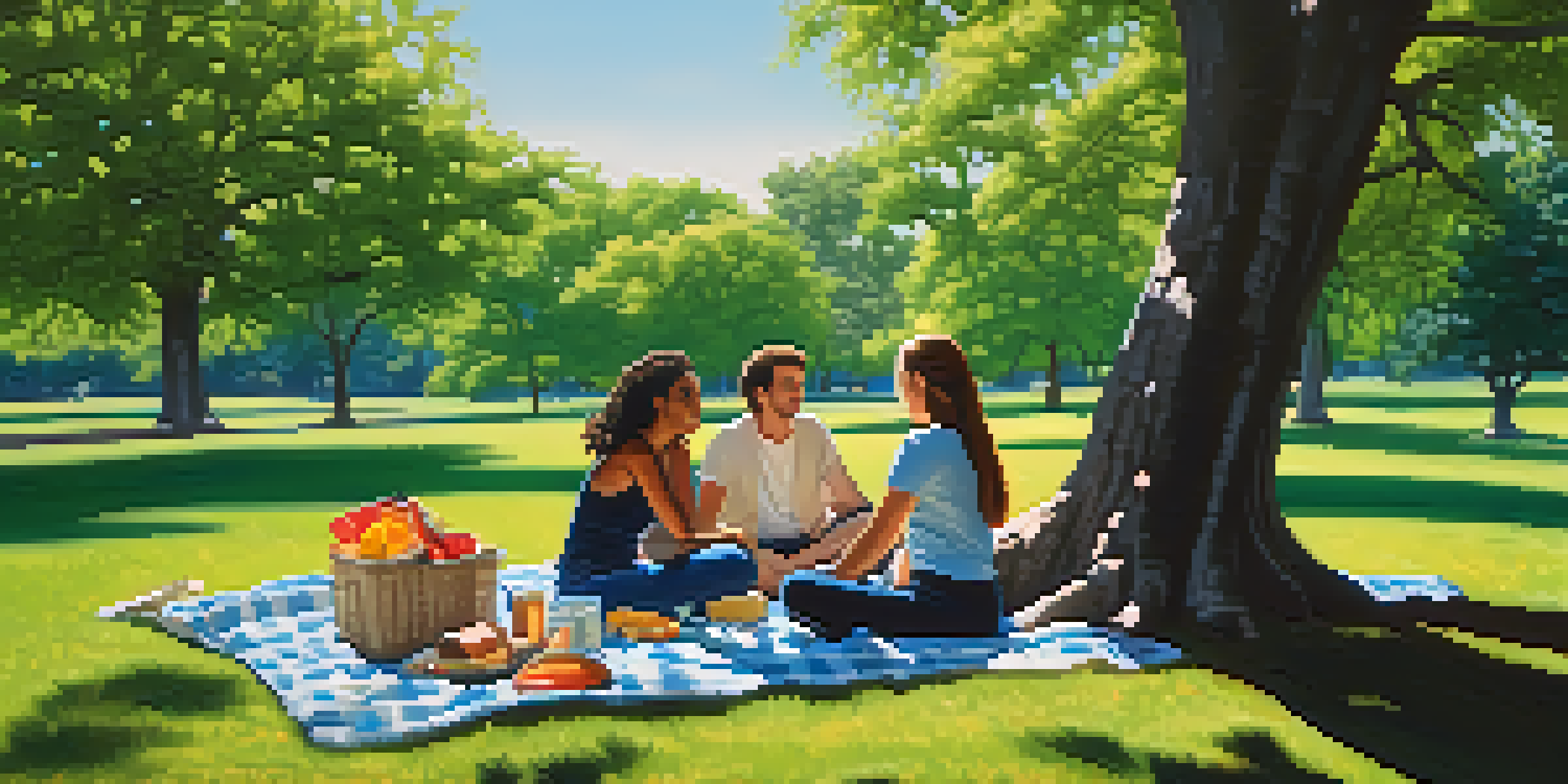 A diverse group of friends enjoying a picnic in a sunny park under a large tree.