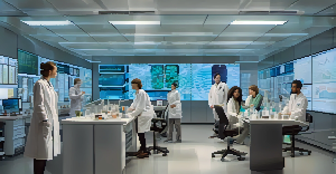 A group of scientists in a bright laboratory discussing drug repositioning research with charts and technology around them.