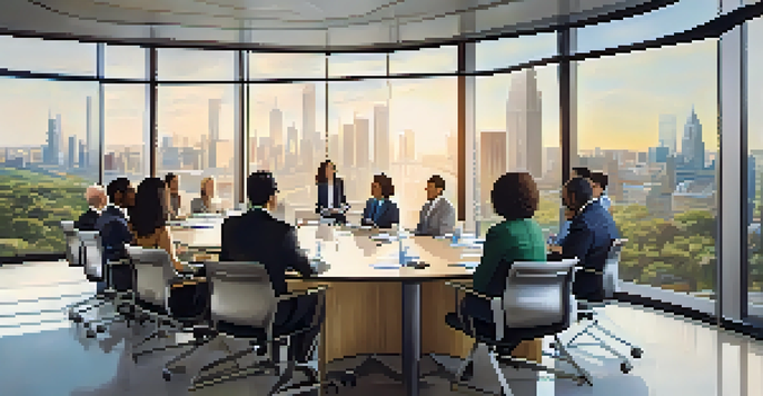 A diverse group of healthcare leaders in a conference room discussing ideas, with a city skyline view outside.