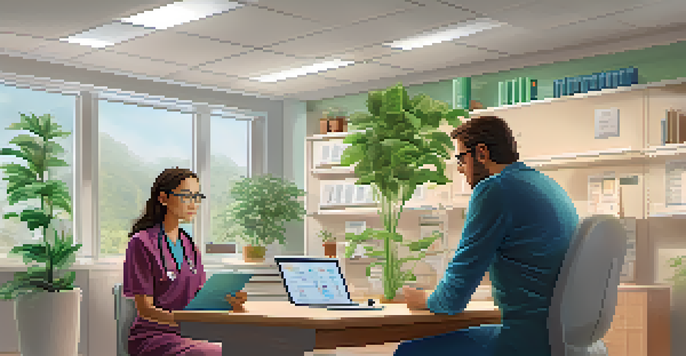 A healthcare provider explaining pharmacogenomics to a patient in a bright medical office filled with plants and books.