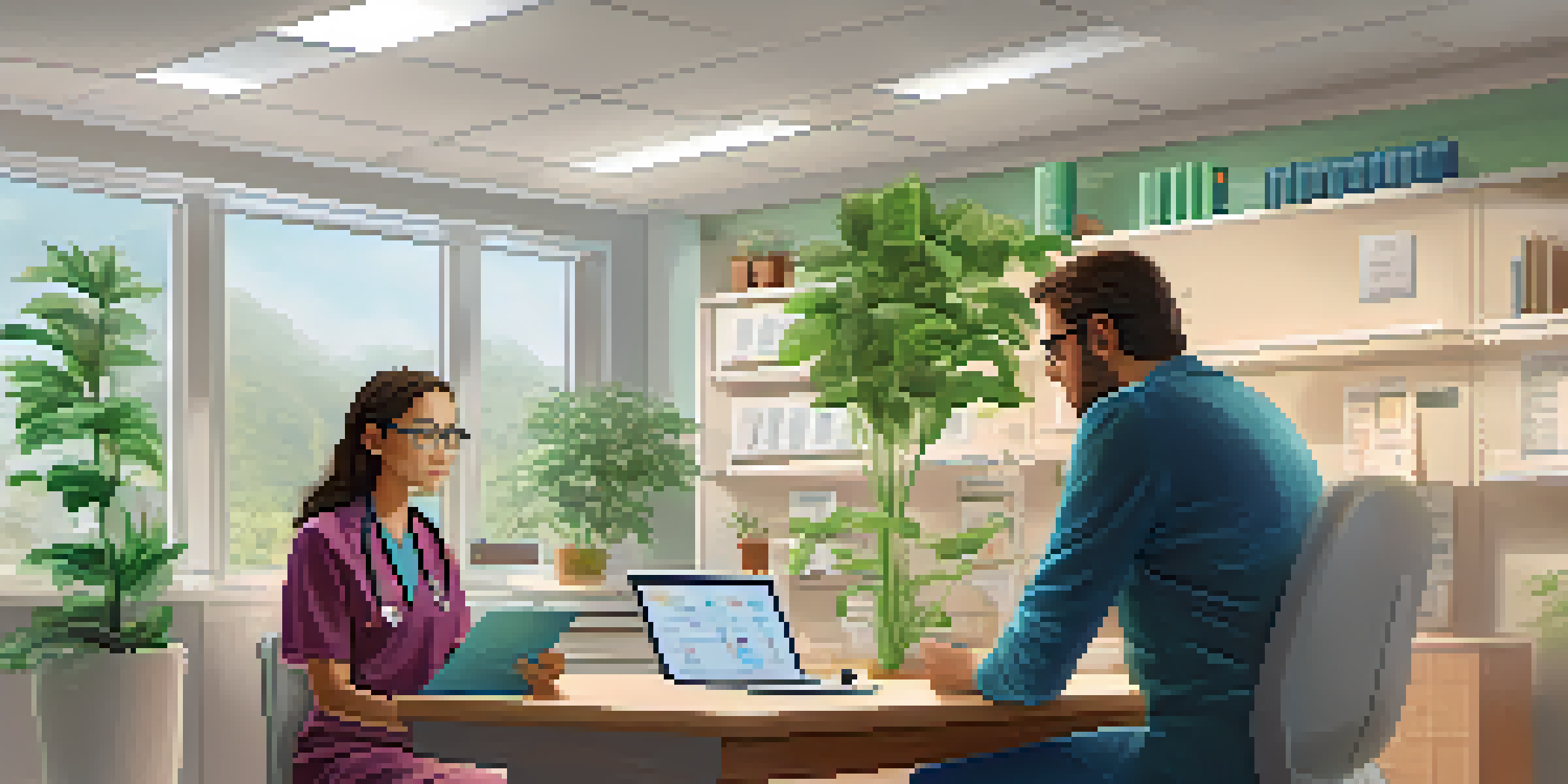 A healthcare provider explaining pharmacogenomics to a patient in a bright medical office filled with plants and books.