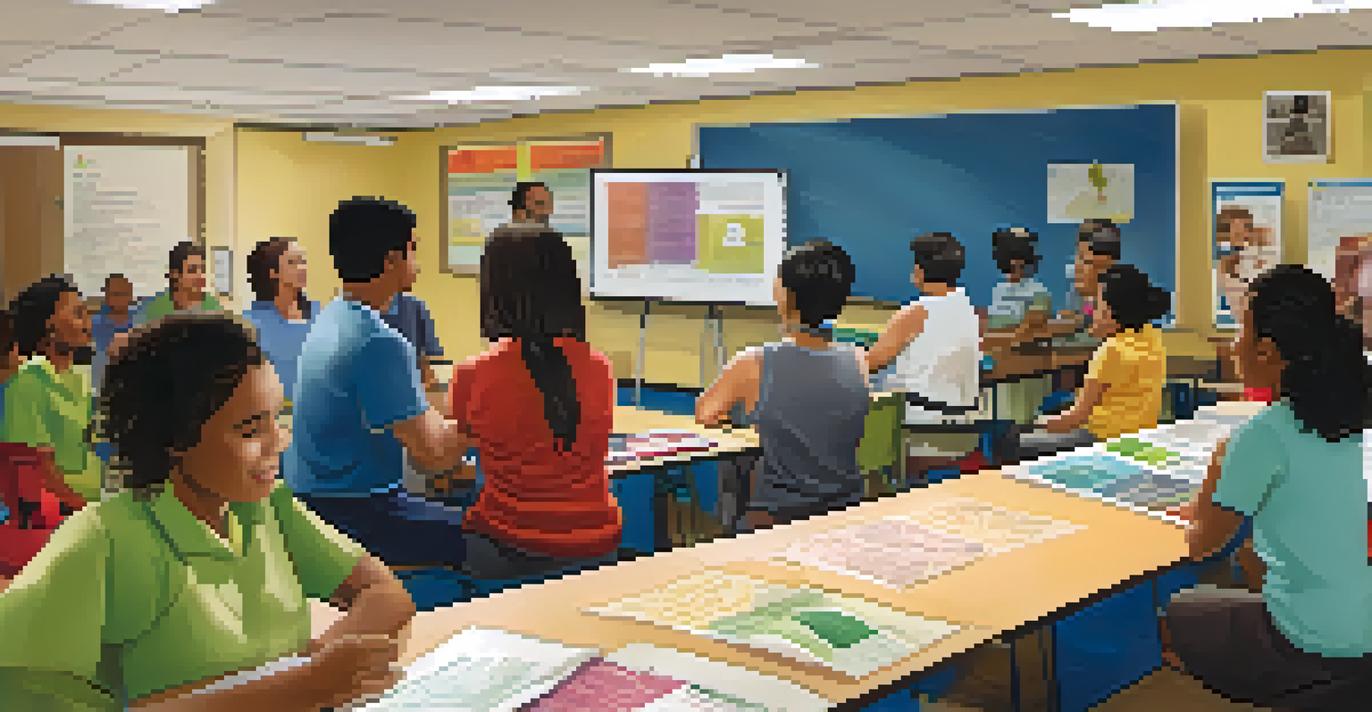 A diverse group of community health workers participates in a training session in a bright classroom with health education posters.