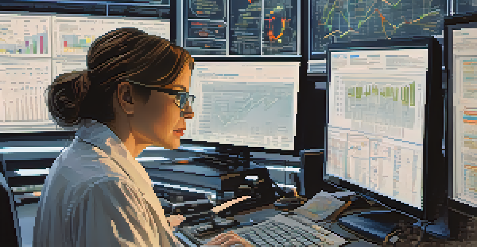 A scientist examining data on a computer with various charts and graphs displayed, in a modern and well-lit office.