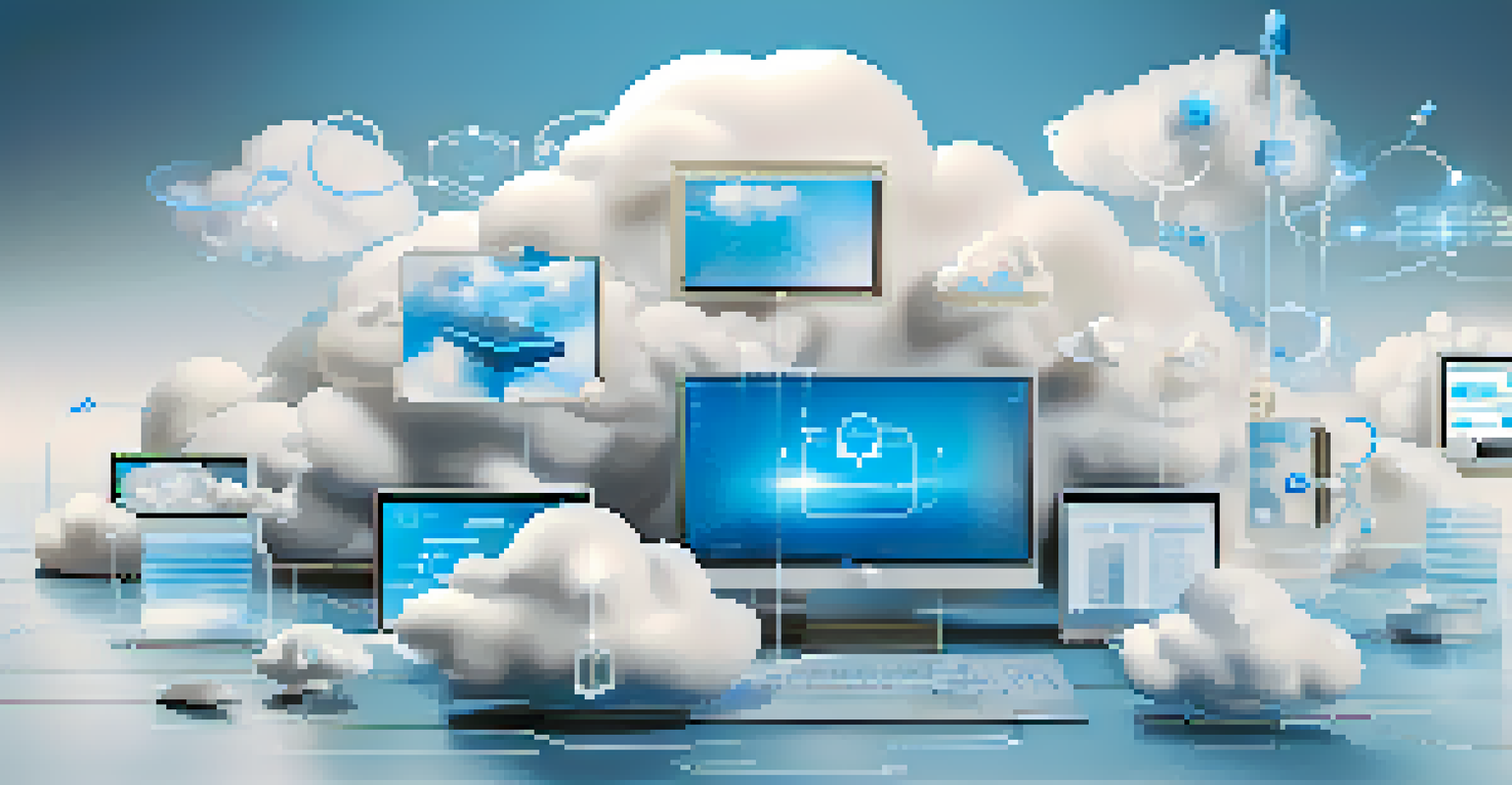 An abstract image of cloud computing in healthcare with digital icons in a blue and white gradient.