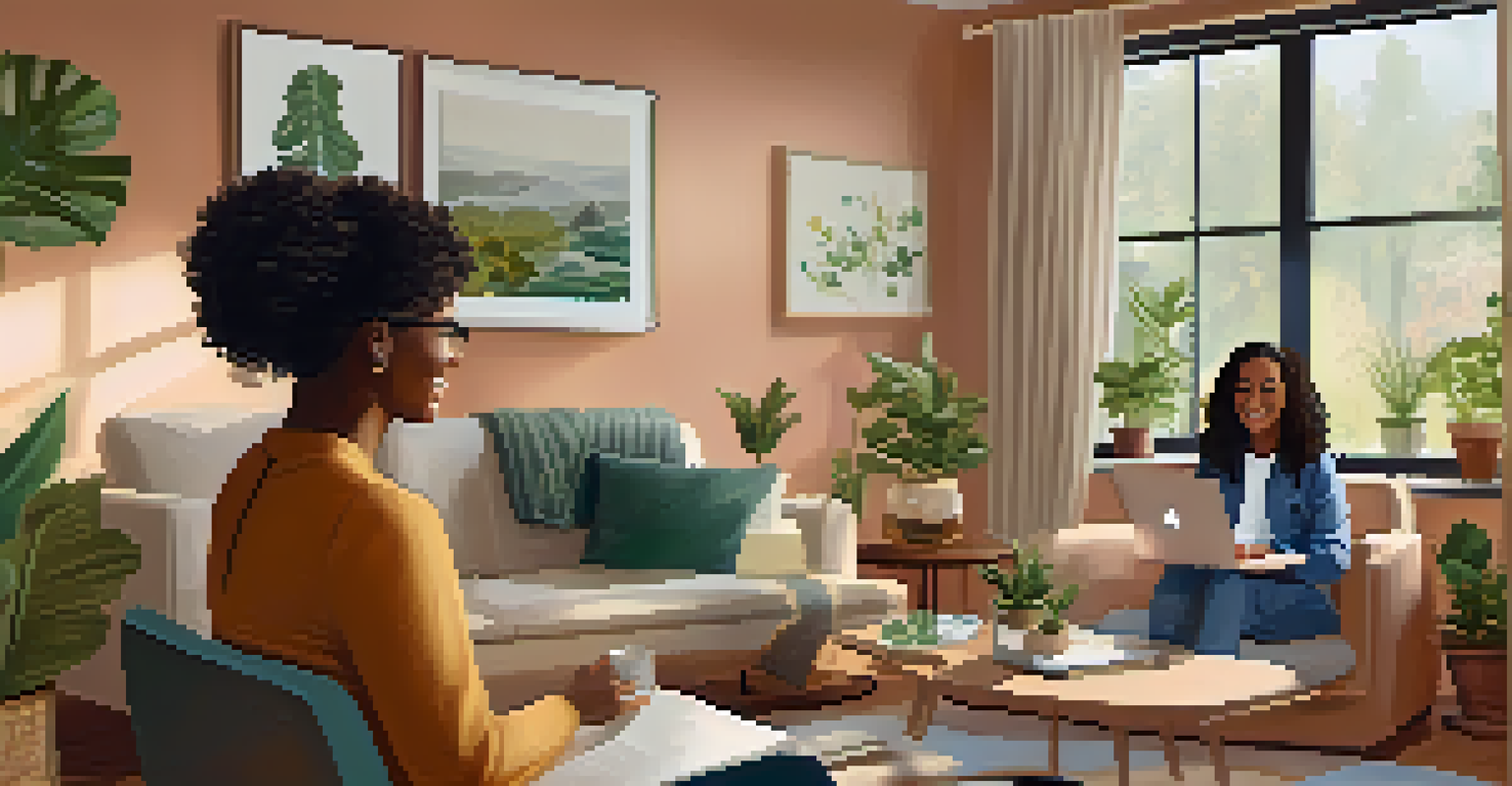 A woman participating in a telehealth session from her cozy living room, smiling at her laptop.