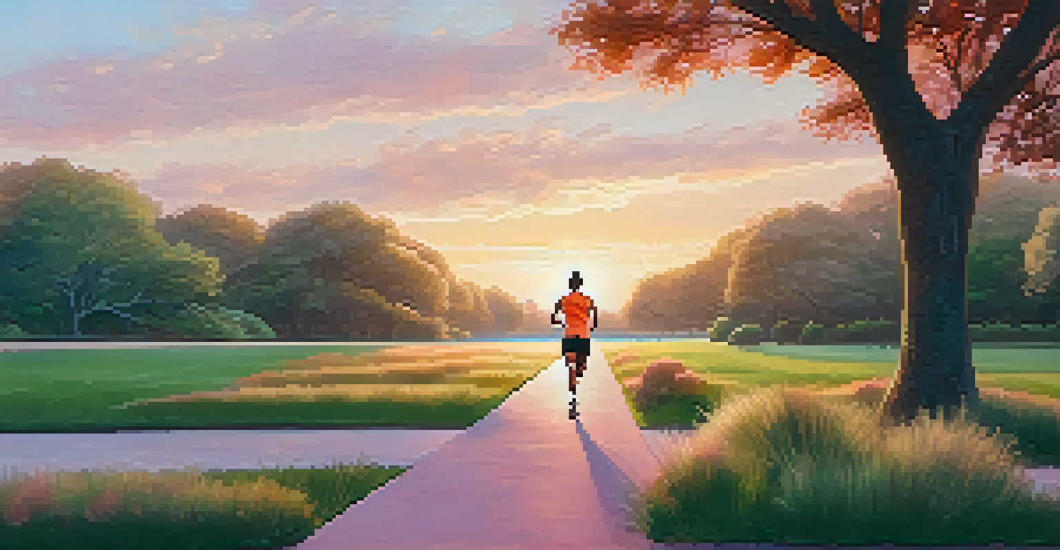 A person jogging in a park at sunrise, with a health coach encouraging them from the path, surrounded by lush greenery.