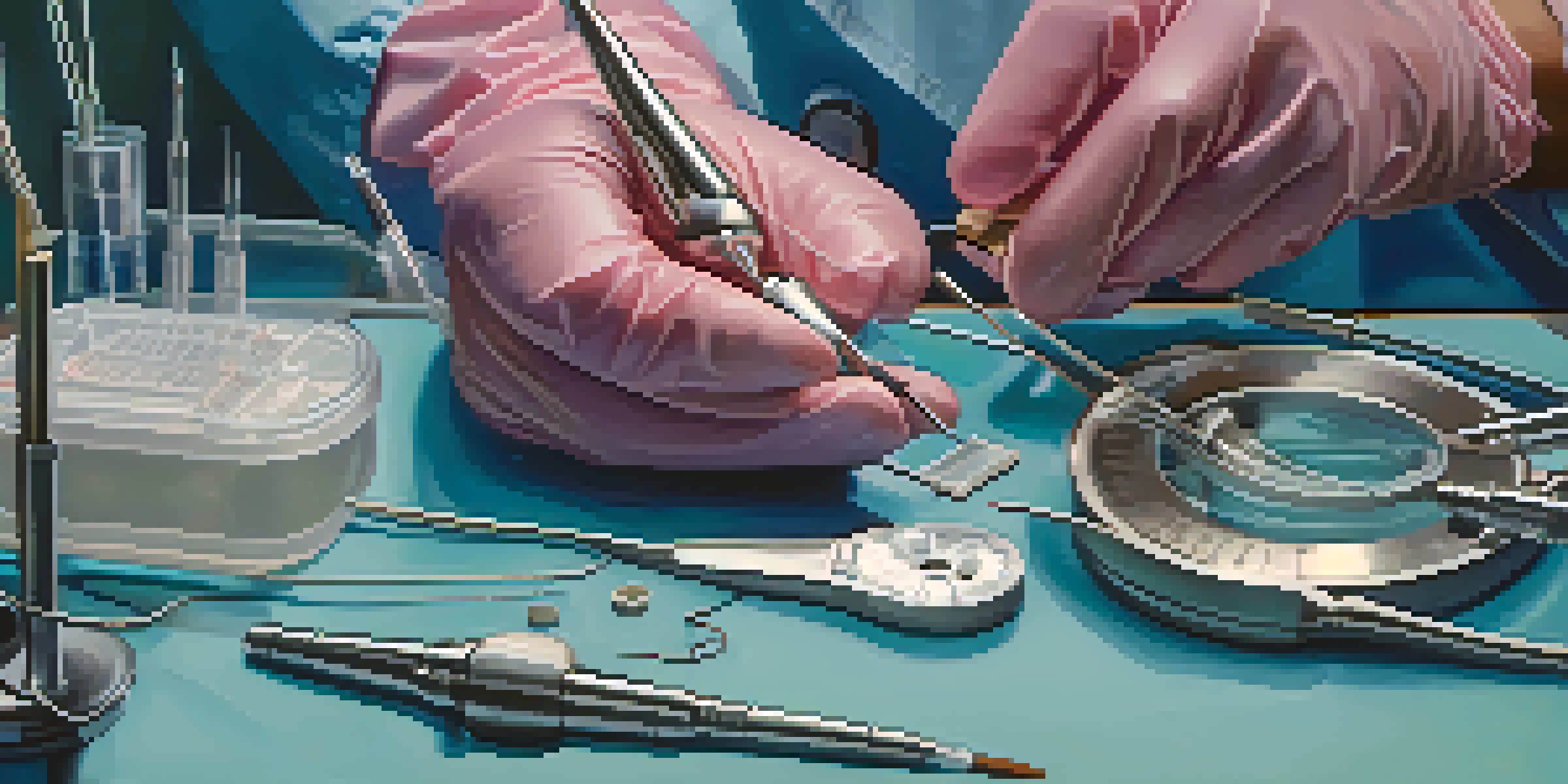 A surgeon's hands performing a delicate surgical procedure with precise instruments in a sterile operating room.