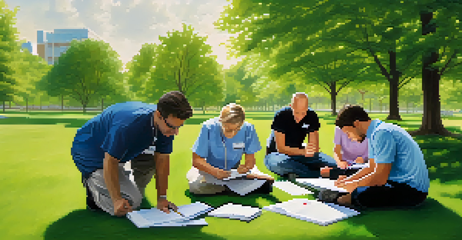 Healthcare professionals participating in a team-building workshop in a bright park.