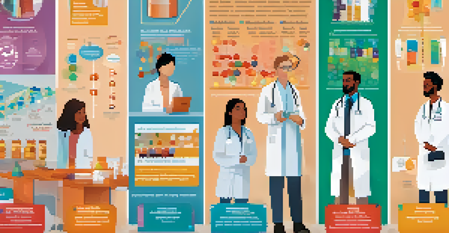 An infographic showing pharmacogenomics with diverse patients and colorful DNA strands, highlighting personalized medicine.