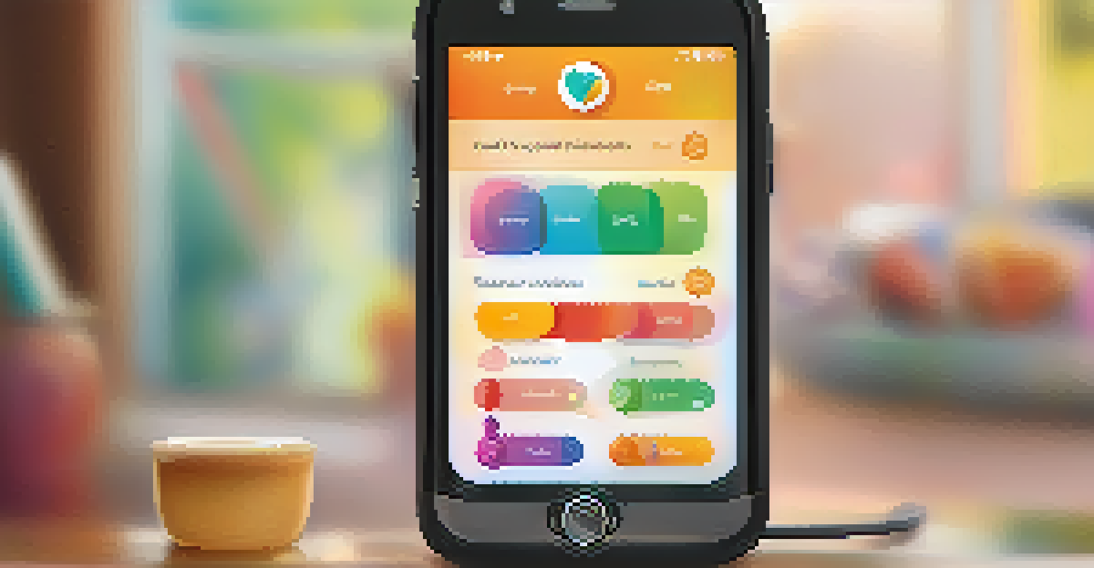 A close-up of a smartphone showing a health app with colorful graphics and reminders, set in a cozy home environment.