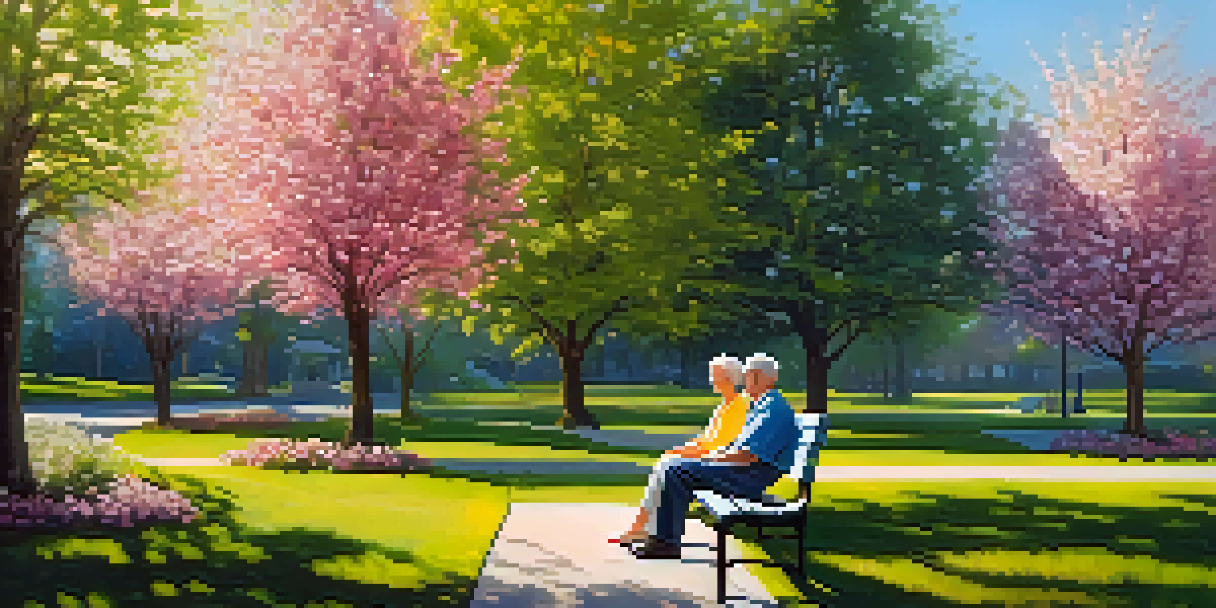 An elderly couple sitting on a park bench, enjoying a conversation surrounded by flowers and trees under a sunny sky.