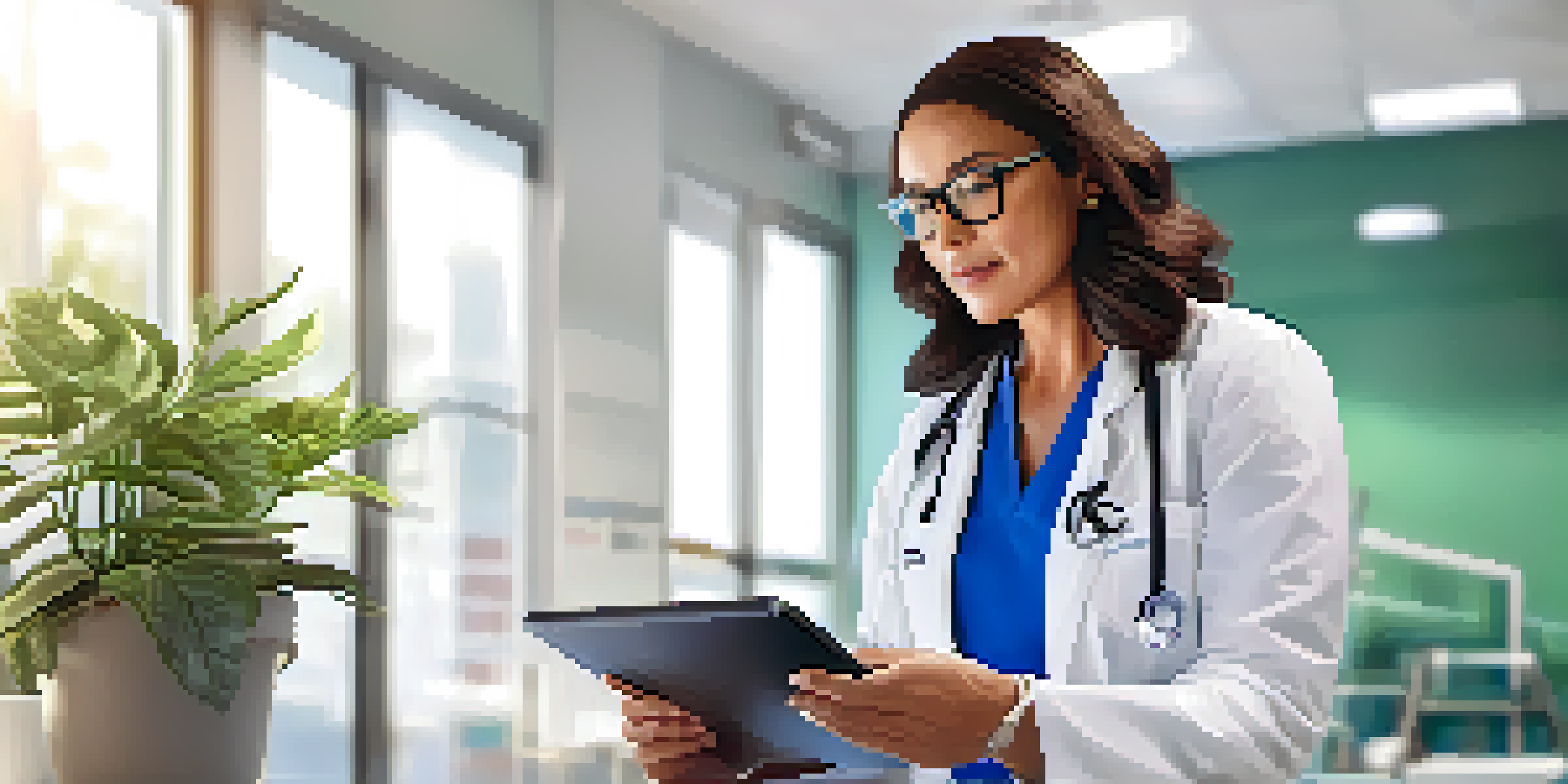 A doctor using a tablet in a modern clinic with natural light and medical charts around her.