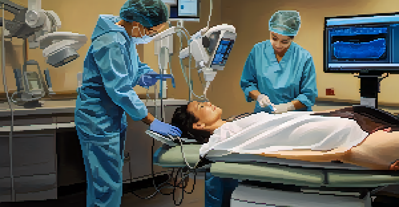 A technician conducting an ultrasound on a patient, with a transducer on the abdomen and a monitor showing images in a well-lit room.