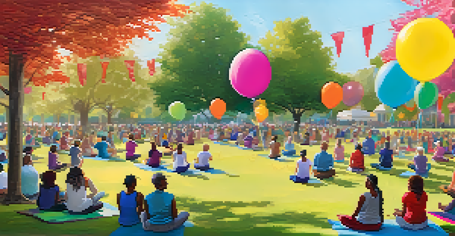 A vibrant community gathering in a park with people engaging in group yoga, painting, and socializing, surrounded by colorful banners and balloons.