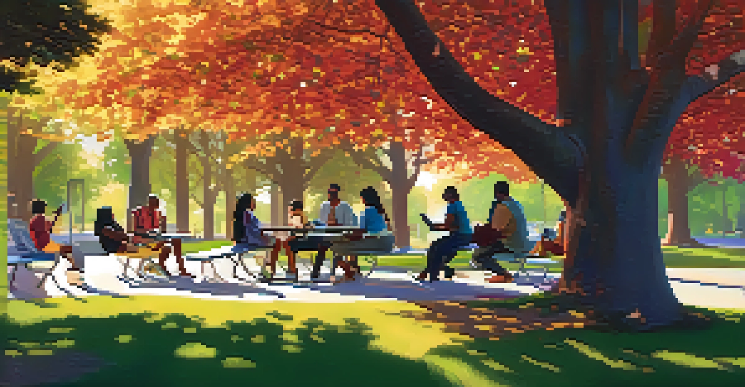 A diverse group of people in a park using smartphones for virtual health consultations surrounded by nature.