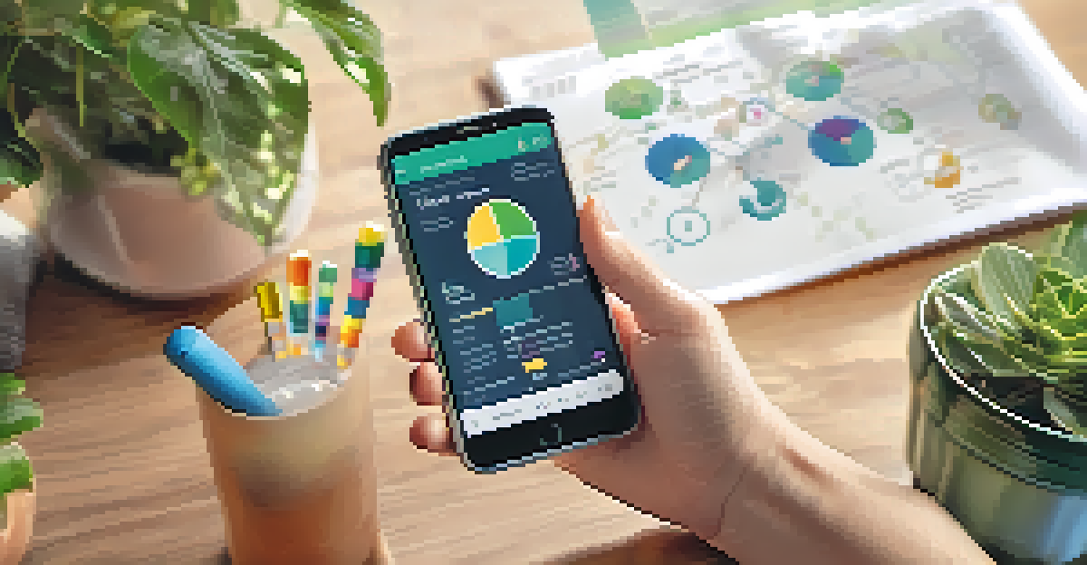 Close-up of hands holding a smartphone showing a health app with colorful charts, set against a cozy home background.